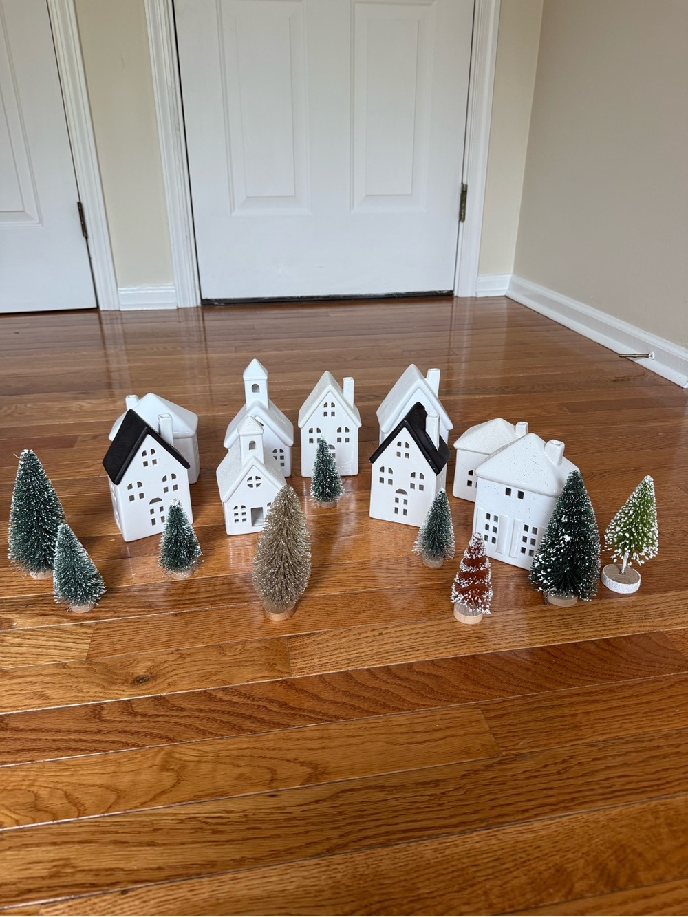 Target wondershop Ceramic Holiday Village House Set with Mini Bottle Brush Trees